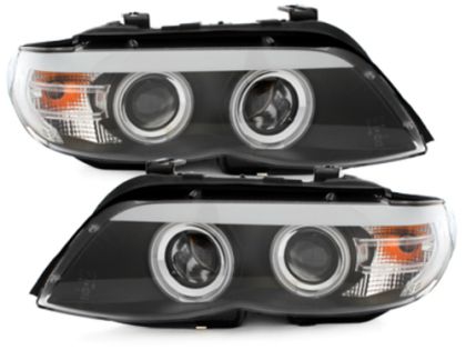 Φανάρια εμπρός angel eyes για BMW X5 (2003-2007) - black , με λάμπες (Η1) - σετ 2τμχ.