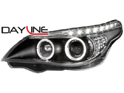 Φανάρια εμπρός angel eyes led για BMW E60 (2003-2007) - μαύρα , με λάμπες (Η1) - σετ 2τμχ.