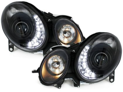 Φανάρια εμπρός led για Mercedes W211 E-Class (2002-2006) , μαύρα , με λάμπες (Η1) - σετ 2τμχ.