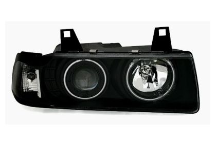 Φανάρια εμπρός angel eyes για Bmw E36 4d (1991-1999) - μαύρα , με λάμπες (Η1) - σετ 2τμχ.