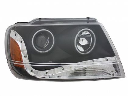 Φανάρια εμπρός για Jeep Grand Cherokee (1999-2005) - μαύρα , με λάμπες (Η1) - σετ 2τμχ.
